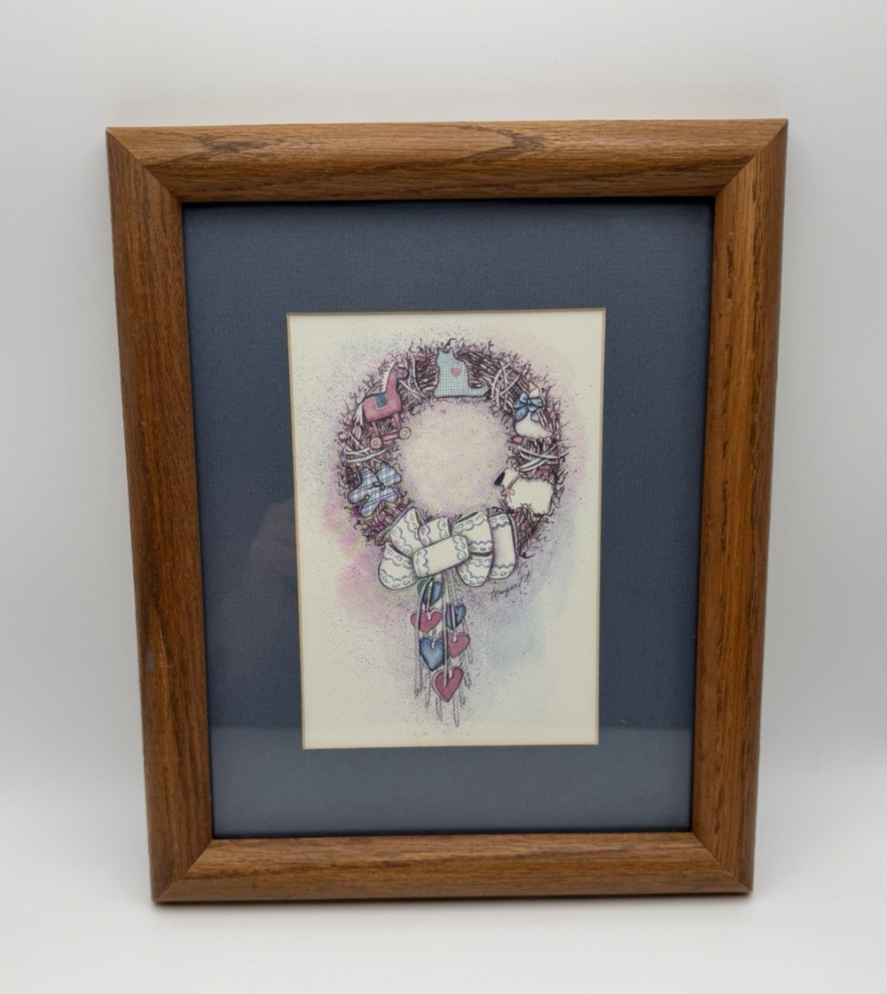 Vintage Wall Decor Blue Country Wreath Farmhouse 9x11 Wood Framed Wreath Art